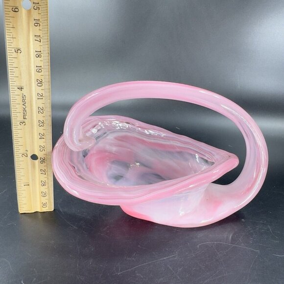 Vintage Sooner Glass Hand Made Pink Swirls Dish Bowl With Handle Basket Handmade - Picture 4 of 14